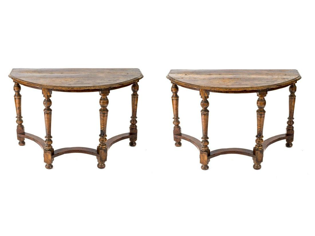 A Pair of Jacobean Style Carved Walnut Demilune Console (1 of 1)
