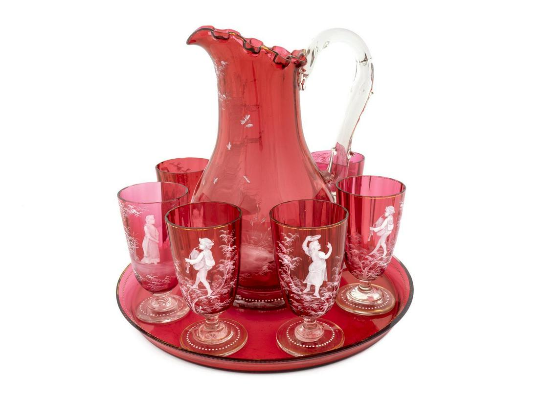 A Mary Gregory Style White-Enameled Ruby Glass Drinks (1 of 1)