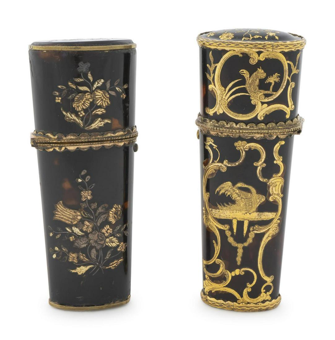 Two Gilt Metal Inlaid Tortoise Shell Etui Cases Height: Two Gilt Metal Inlaid Tortoise Shell Etui Cases 19TH CENTURY one fitted with a bottle and picks, the other fitted as a lighter. Height of larger 4 inches. Estate of Adele Bloom, Montreal, Quebec and P