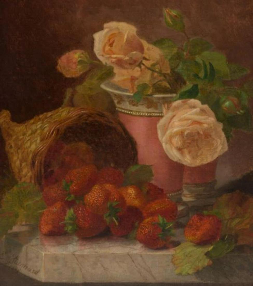 Pink Roses in Vase and Strawberries Falling From Basket (1 of 1)