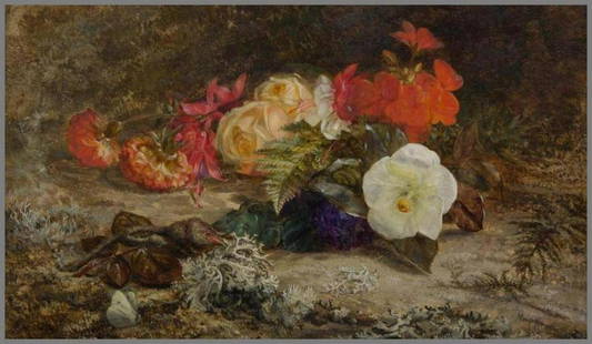 Mary Vernon (British, 1820-1885) Still Life with: Mary Vernon (British, 1820-1885) Still Life with Flowers and Butterfly, 1871 oil on panel signed Mary Vernon and dated (lower right) 9 1/4 x 14 inches.