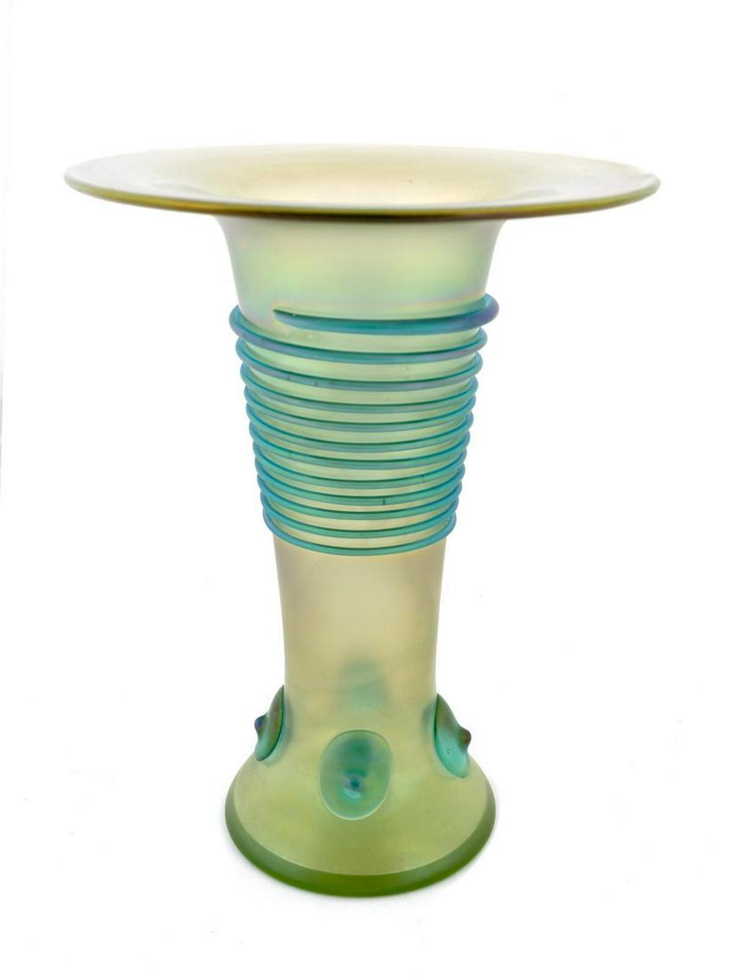 A Loetz Type Threaded Glass Footed Vase Height 11 1/2 x (1 of 1)