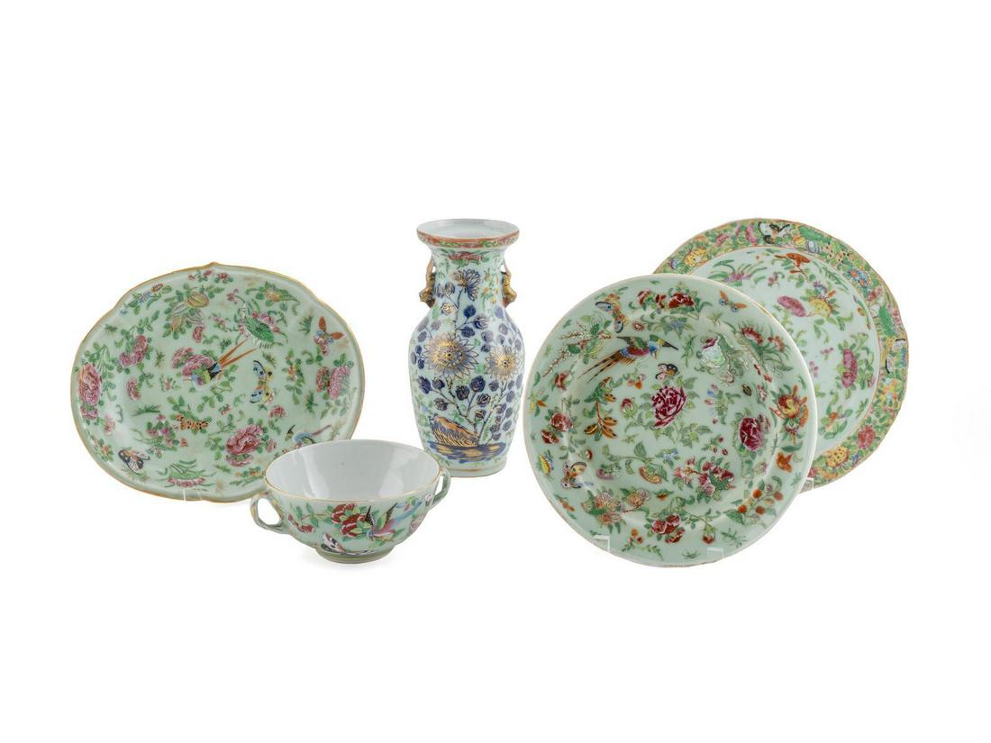 Five Chinese Famille Rose Celadon Porcelain Articles (1 of 1)