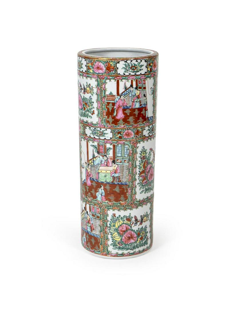 A Canton Porcelain Cylindrical Umbrella Stand Height 24: A Canton Porcelain Cylindrical Umbrella Stand 20TH CENTURY Height 24 inches. Private Collection, Jupiter, FL