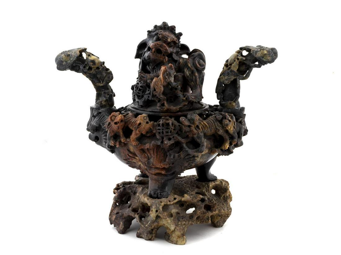 A Chinese Carved Soapstone Censer Height 11 1/2 inches.: A Chinese Carved Soapstone Censer 19TH CENTURY Height 11 1/2 inches.