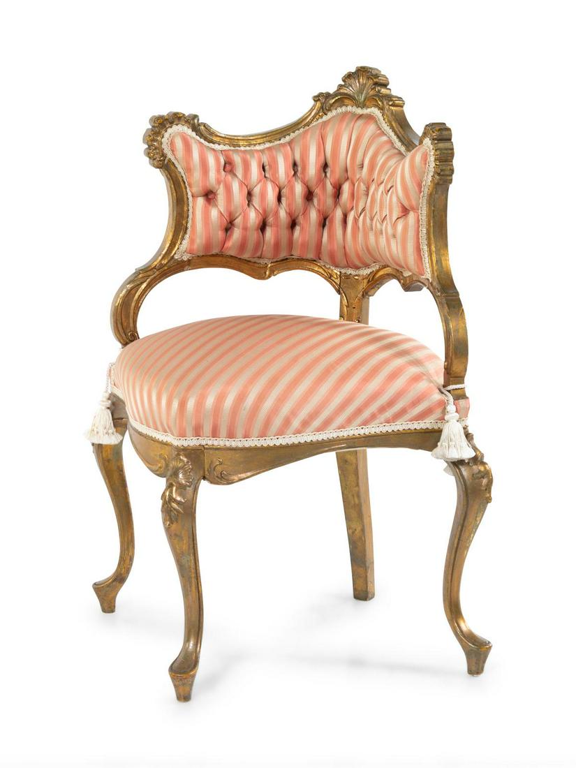 A Louis XV Style Giltwood Corner Chair: A Louis XV Style Giltwood Corner Chair Late 19th Century Height 33 5/8 inches.