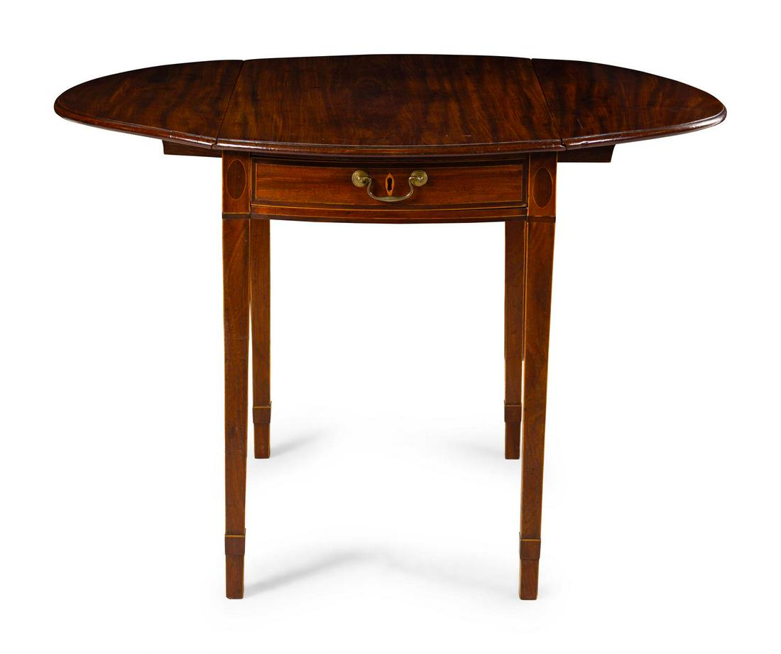 A George III Style Mahogany Pembroke Table: A George III Style Mahogany Pembroke Table The rectangular top issuing two d-shaped leaves above a single drawer, raised on tapering legs.