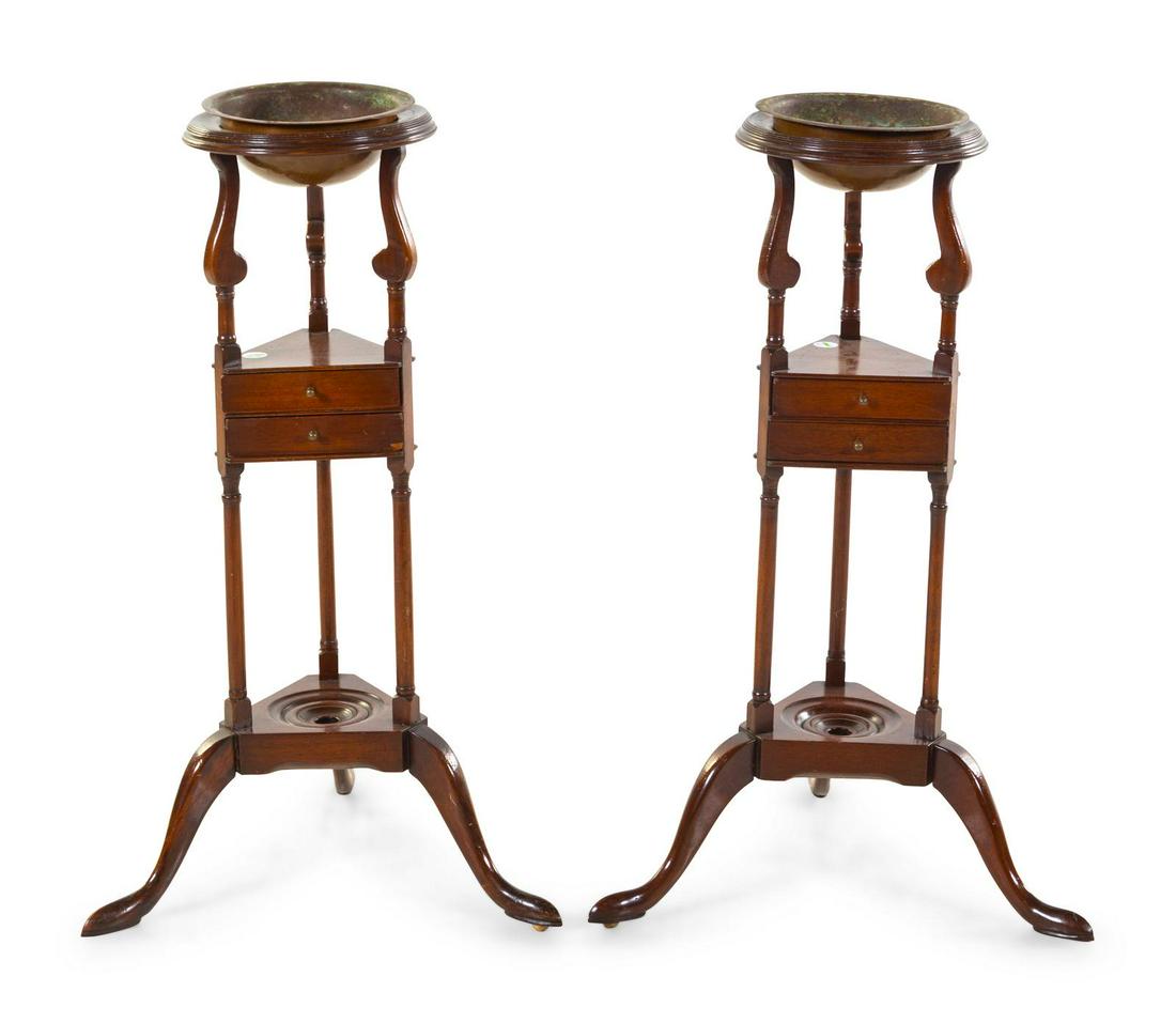 A Pair of George III Mahogany Wig Stands: A Pair of George III Mahogany Wig Stands Circa 1790-1815 Height 33 1/2 x width 20 x depth 18 inches. Diameter 8 3/4 inches.