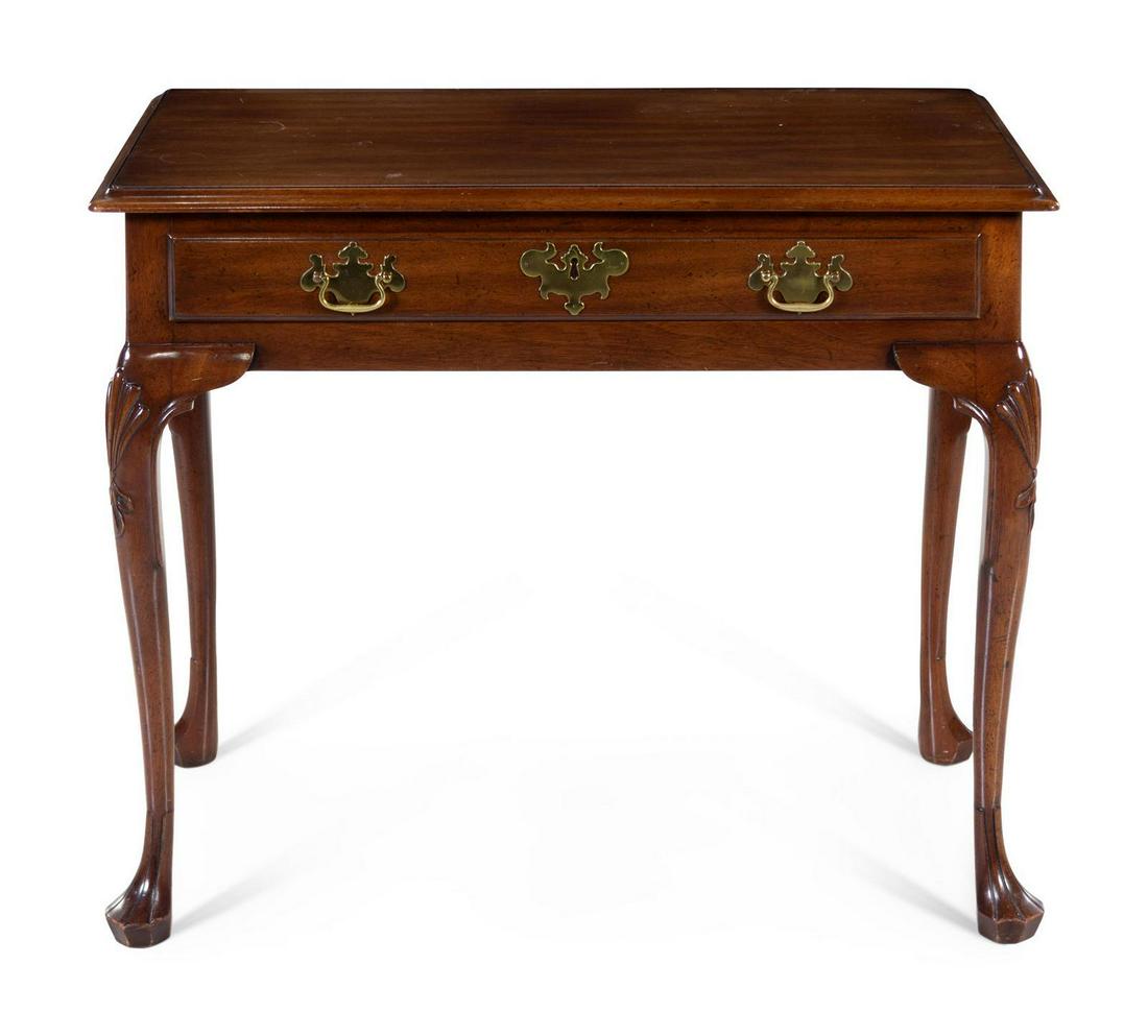 A George II Style Mahogany Dressing Table: A George II Style Mahogany Dressing Table KITTINGER SECOND HALF 20TH CENTURY Height 28 x width 35 x depth 19 1/4 inches. Having a rectangular top over a single drawer raised on cabriole legs. Property