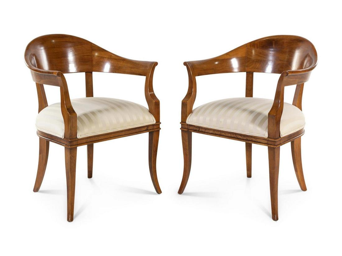 A Pair of Empire Style Walnut Barrel-Back Armchairs: A Pair of Empire Style Walnut Barrel-Back Armchairs KREISS 20TH CENTURY Height 32 1/2 inches Each with upholstered seat. Property from the Collection of Karl Zeisler, Chicago, Illinois