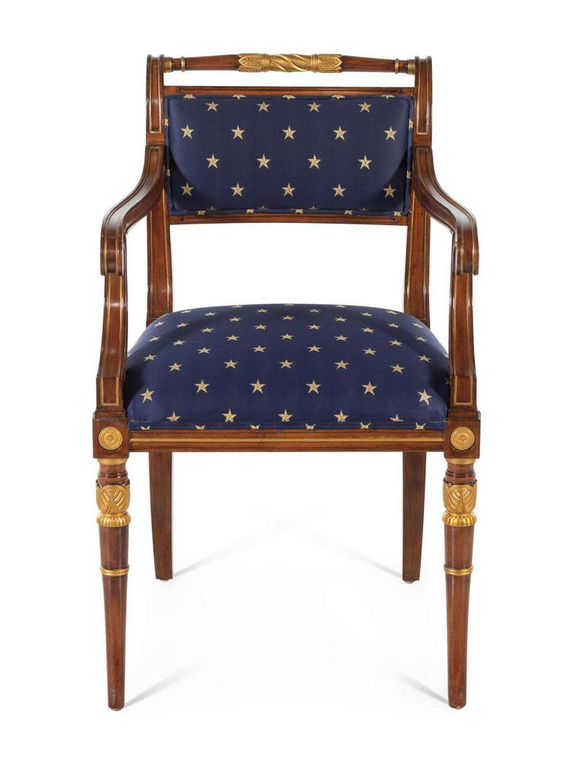 A Federal Style Parcel-Gilt Mahogany Armchair: A Federal Style Parcel-Gilt Mahogany Armchair 20TH CENTURY with upholstered back and seat. Height 35 inches. Property from the Collection of Karl Zeisler, Chicago, Illinois