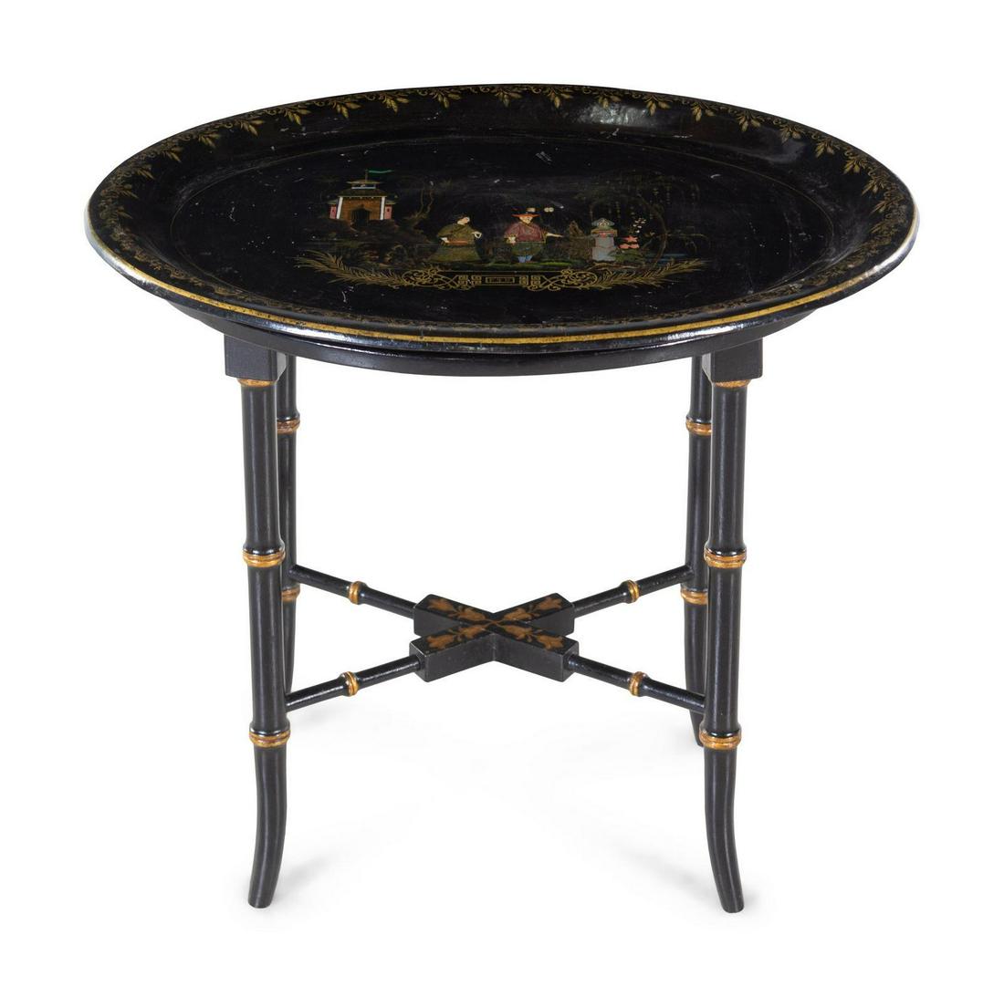 A Victorian Chinoiserie-Decorated Tole Tray: A Victorian Chinoiserie-Decorated Tole Tray 19TH CENTURY raised on a later stand. Width 25 1 /2 inches. Property from a Private Collection, Chicago, Illinois