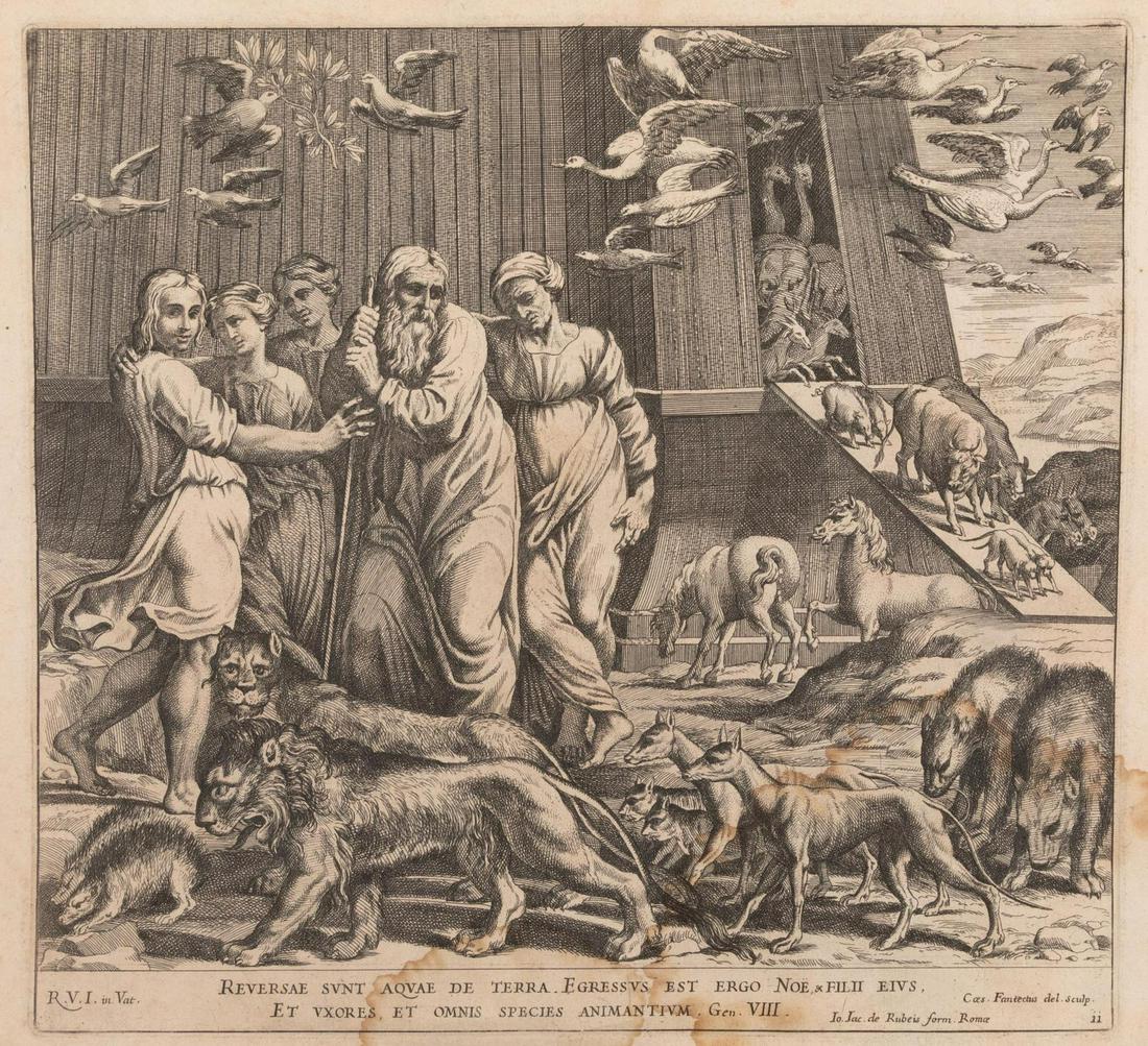 Noah and his Family Leaving the Ark: Girolamo Carratoni (Italian, 1757-1809) Noah and his Family Leaving the Ark, based on the work by Raphael. Printed engraving. Image: 9 1/4 x 10 inches.