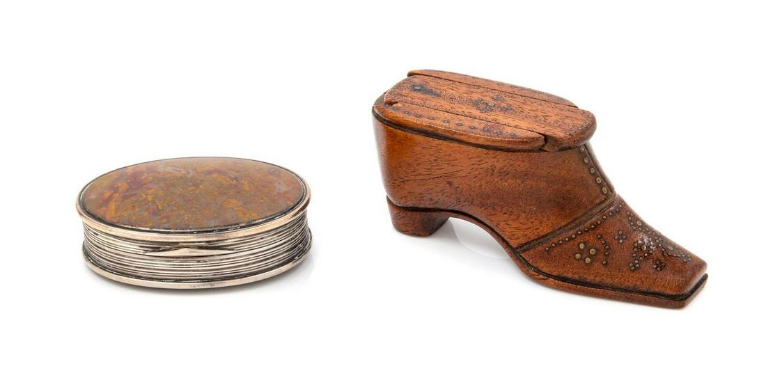 Two Snuff Boxes: Two Snuff Boxes one in the form of a ladies shoe, the other hinged with a stone lid and base. Length of shoe 3 3/4 inches.