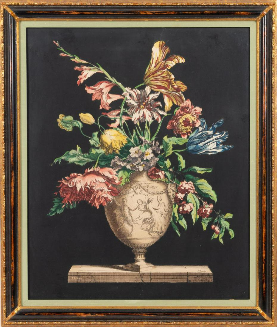 A Set of Four Floral Prints: A Set of Four Floral Prints each depicting flowers in an urn set on a black background. Each: 28 x 22 inches. Property from the Collection of Marion and Henry Bloch, Kansas City, Missouri