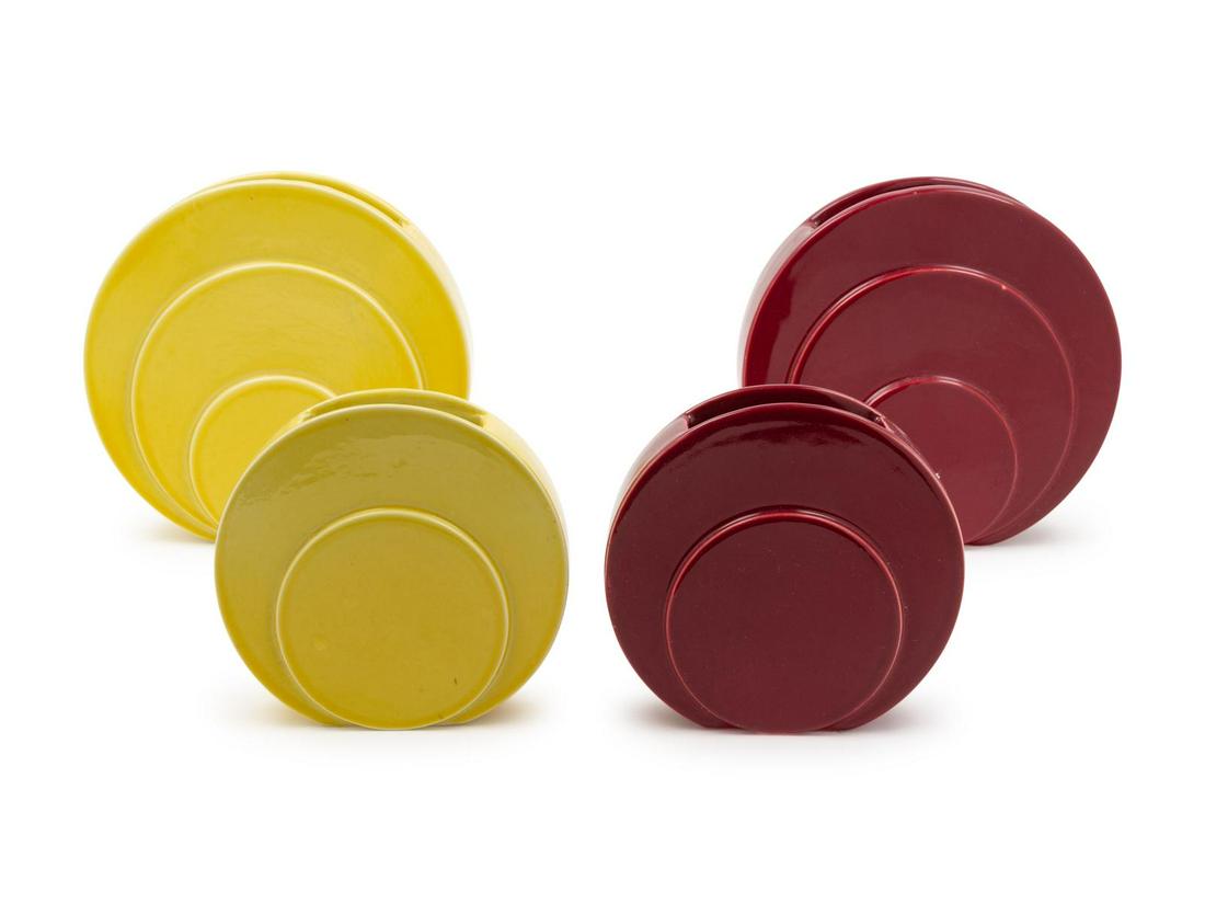 Set of Four Ceramic Circlet Vases Height of largest 9: Set of Four Ceramic Circlet Vases Designed by G. McStay Jackson for Trenton Potteries Company, Trenton, New Jersey with manufacturer's stamp TAC to underside of each example. Height of largest 9 inche