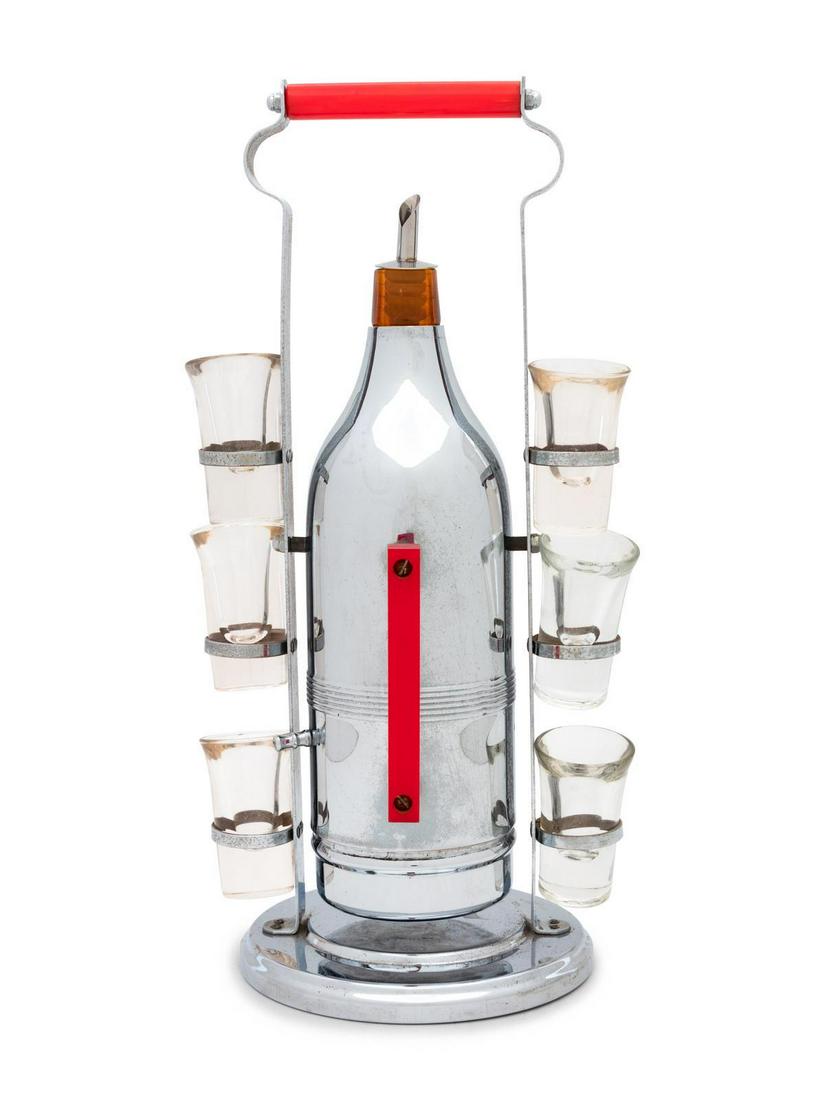 A Mid Century Chrome and Glass Liquor Dispenser with: A Mid Century Chrome and Glass Liquor Dispenser with Shot Glasses Height 16 inches