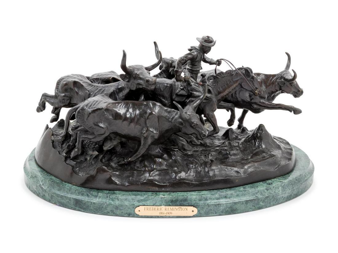 After Frederic Remington: After Frederic Remington cast bronze Height 8 x width 18 inches.