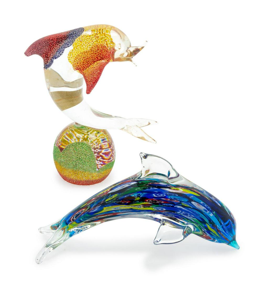 Two Murano Style Glass Dolphins Height of taller 9: Two Murano Style Glass Dolphins 20TH CENTURY Height of taller 9 inches.