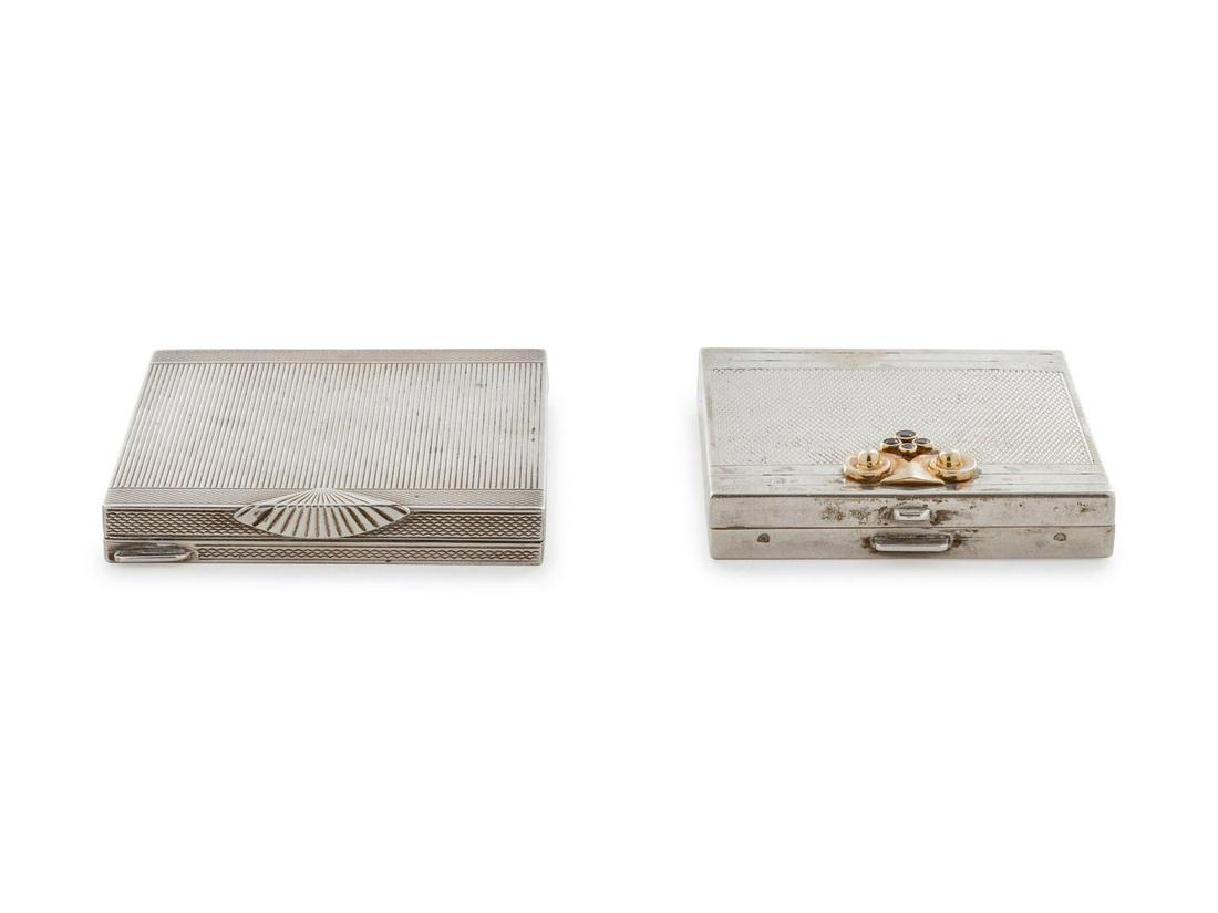 Two Silver Compacts: Two Silver Compacts 20th Century the first by Thomae with stone inset gold mount, the second stamped 800. Width of first 2 1/2 inches.