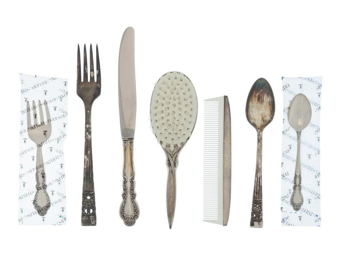 An American Silver Child's Place Setting, Roger's: An American Silver Child's Place Setting, Roger's 20TH CENTURY six pieces, together with a Community six piece silver-plate child's place setting and Webster silver brush and comb set. Length of longe