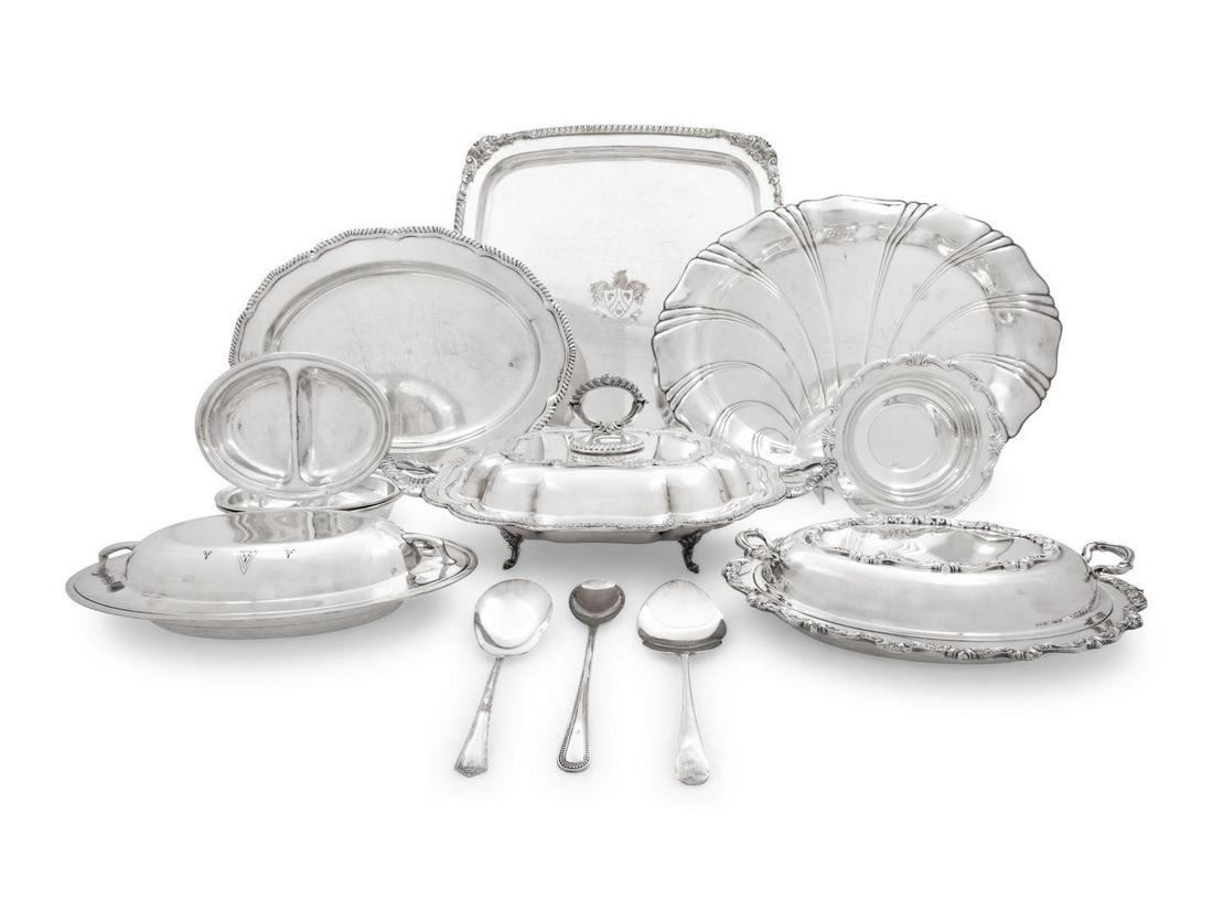 A Large Collection of Silver-Plate Serving and Table: A Large Collection of Silver-Plate Serving and Table Articles Various Makers, Late 19th Century and Later comprising two candlesticks; 6 serving articles; 16 bowls; 3 trays and 1 stand.