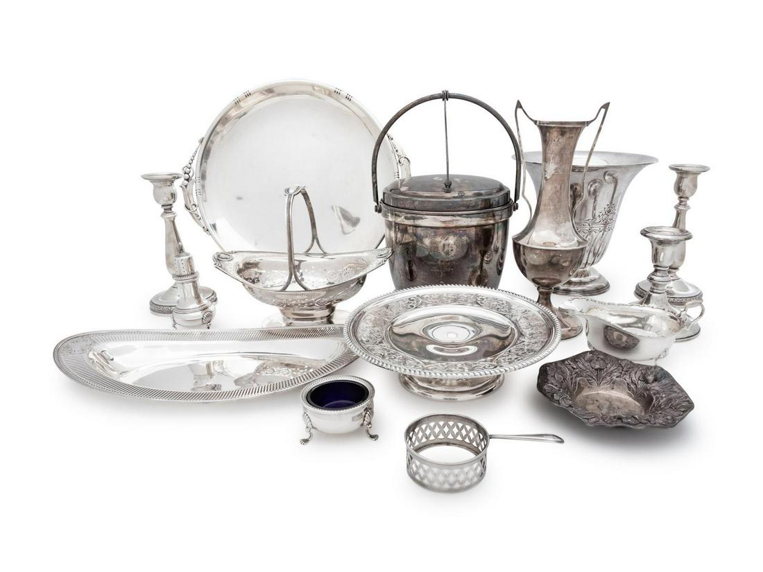 A Collection of American and English Silver Table: A Collection of American and English Silver Table Articles comprising a J. Wagner & Sons serving dish, Birks Silver Co. tazza, Tuttle Silversmiths vase, Dingwall sugar basket, Gorham nut dish, English