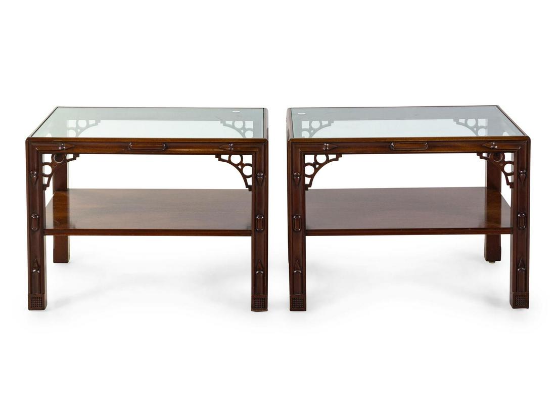 A Pair of Chinese Chippendale Style Mahogany Side: A Pair of Chinese Chippendale Style Mahogany Side TablesÂ 20th Century each with an inset glass top.Â Height 12 1/4 x width 21 x depth 30 inches.Â Property from the Collection of Marion and H