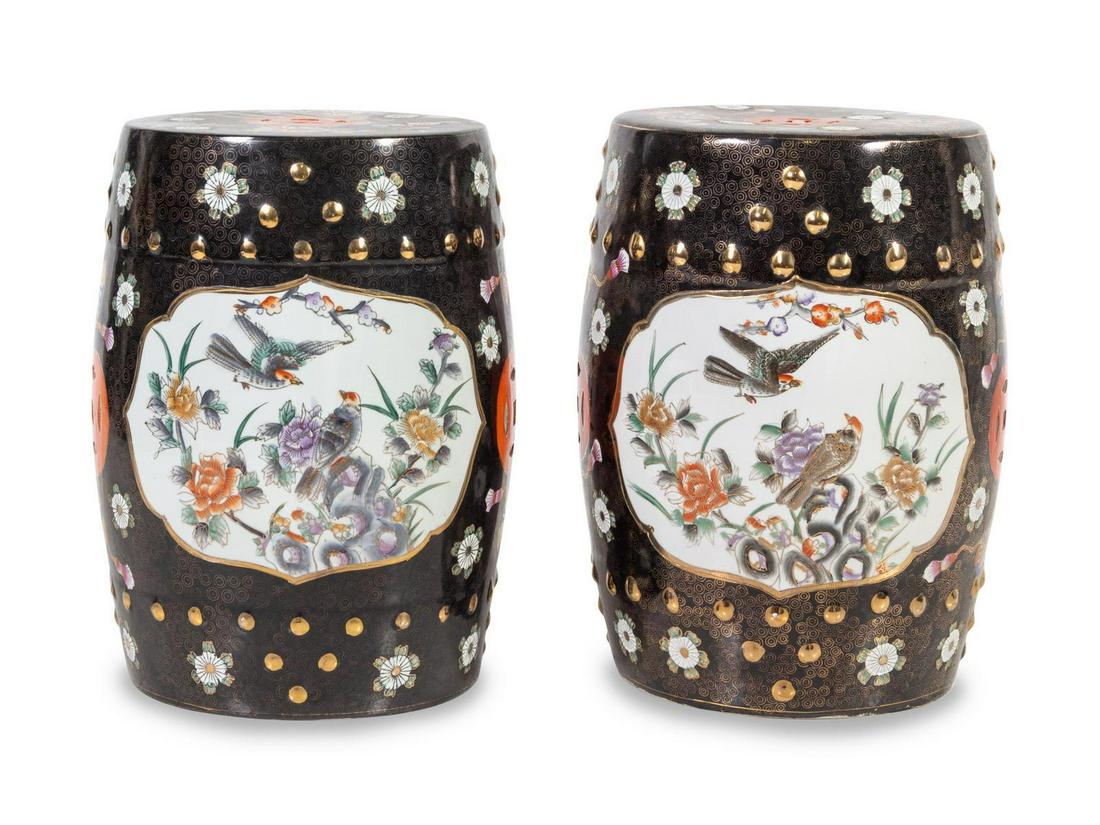 A Pair of Chinese Famille Garden Stools Height 18 x: A Pair of Chinese Famille Garden Stools Height 18 x diameter 11 inches.