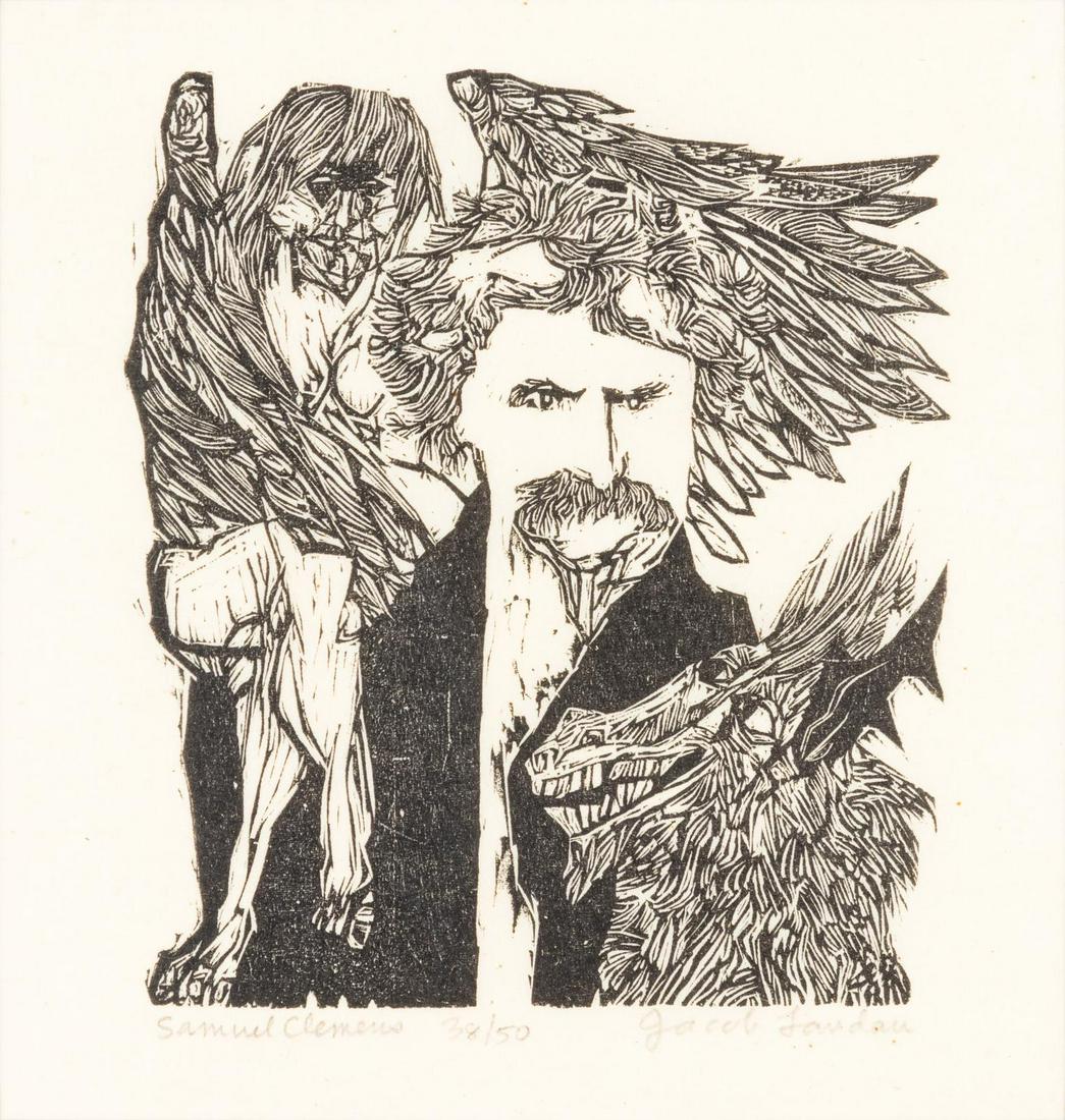 Jacob Landau (American, 1917-2001) Samuel Clemens: Jacob Landau (American, 1917-2001) Samuel Clemens woodcut signed and numbered 38/50 in pencil. 5 7/8 x 5 3/8 inches