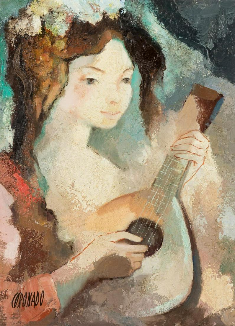 Manuel Coronado (Spanish, b. 1942) Â Untitled (Woman: Manuel Coronado (Spanish, b. 1942) Â Untitled (Woman with Guitar)Â oil on canvas signed Coronado (lower left) 16 x 12 inches.