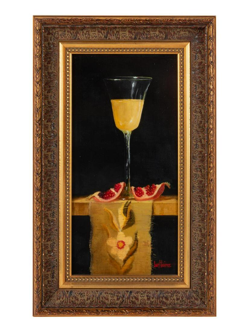 Bert Beirne (American, b. 1939) White Wine,: Bert Beirne (American, b. 1939) White Wine, Pomegranates & Tapestry oil on panel signed Bert Beirne (lower right) 12 x 6 inches.