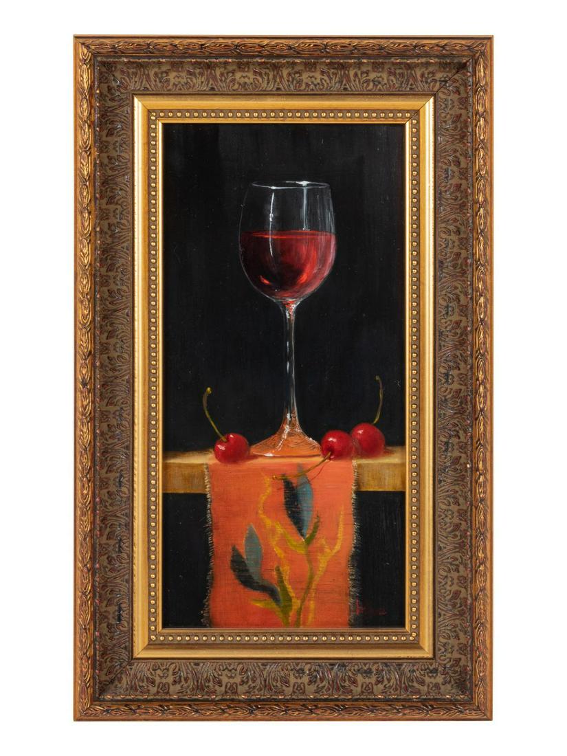 Bert Beirne (American, b. 1939) Red Wine, Cherries &: Bert Beirne (American, b. 1939) Red Wine, Cherries & Tapestry oil on panel signed Bert Beirne (lower right) 12 x 6 inches.