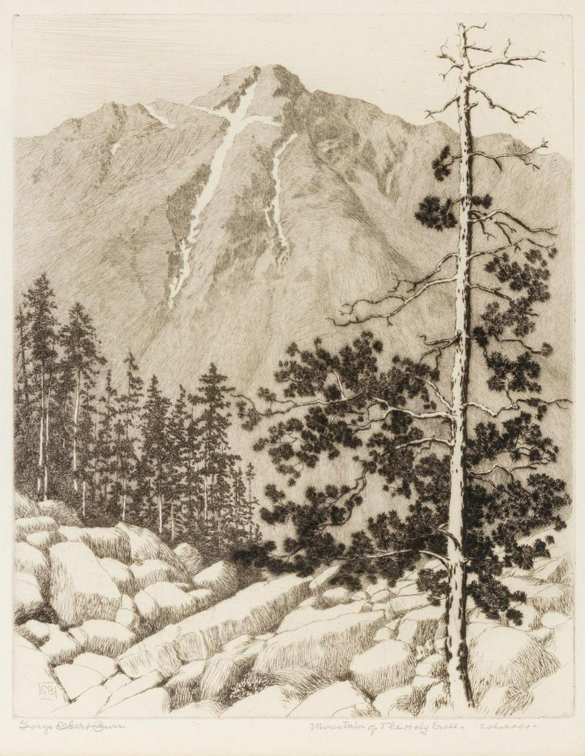 George Elbert Burr (American, 1859-1939) Mountain of: George Elbert Burr (American, 1859-1939) Mountain of the Holy Cross Colorado, together with two untitled works etchings each signed lower left Height of largest 9 3/4 x 7 3/4 inches.