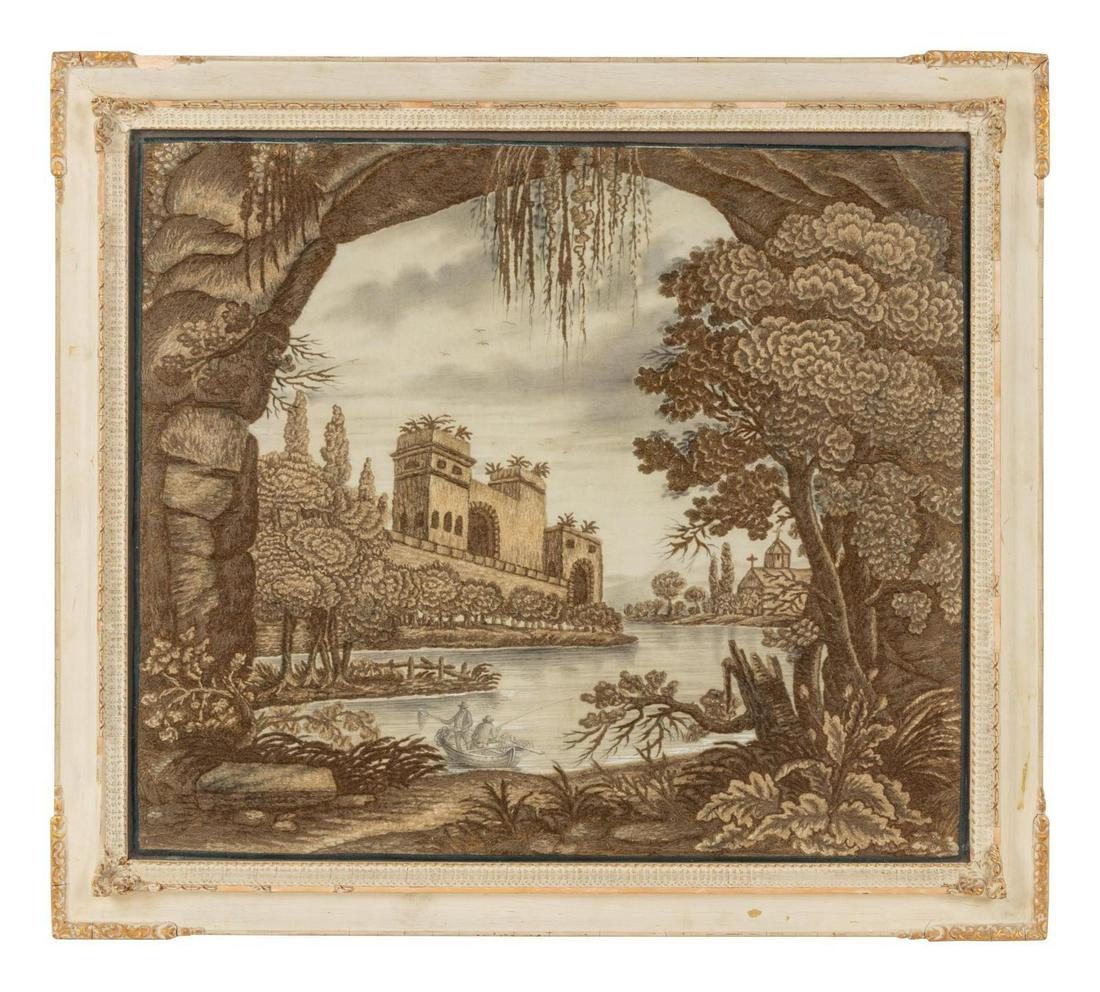 Continental School (19th Century): Continental School (19th Century) Untitled (Landscape with Castle) pencil and stumpwork embroidery on fabric 16 x 18 1/4 inches.