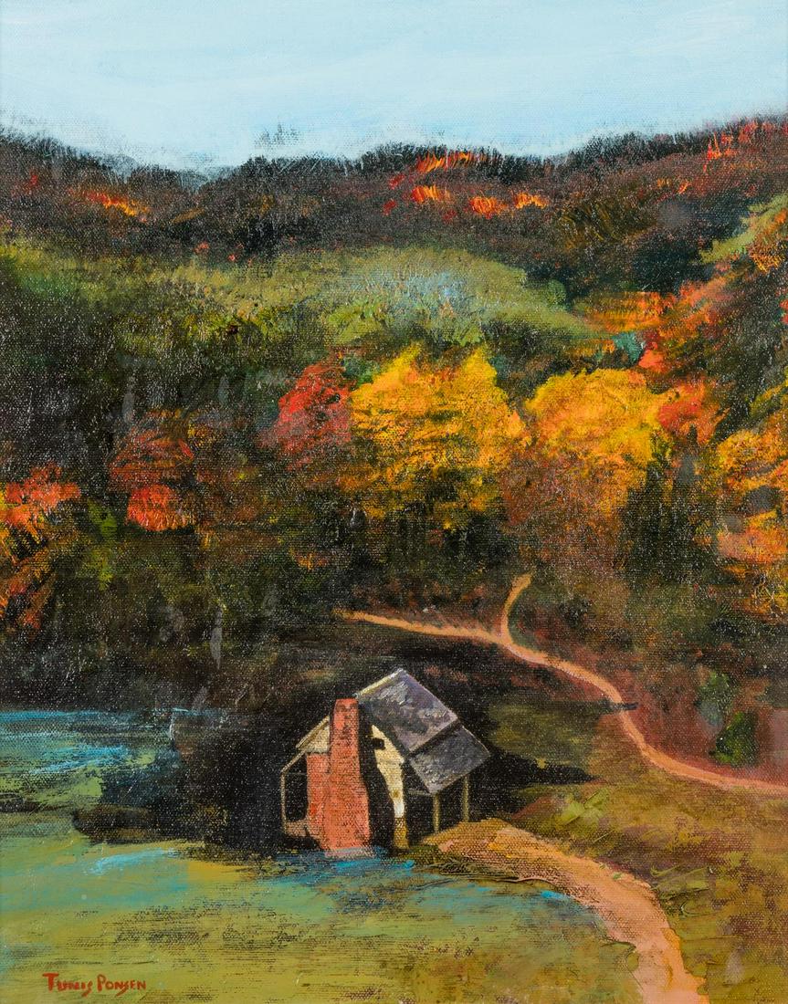 Tunis Ponsen (American, 1891-1968) Cabin in the Woods: Tunis Ponsen (American, 1891-1968) Cabin in the Woods Oil 16 x 13 inches. Property from the Muskegon Museum of Art, Muskegon, Michigan