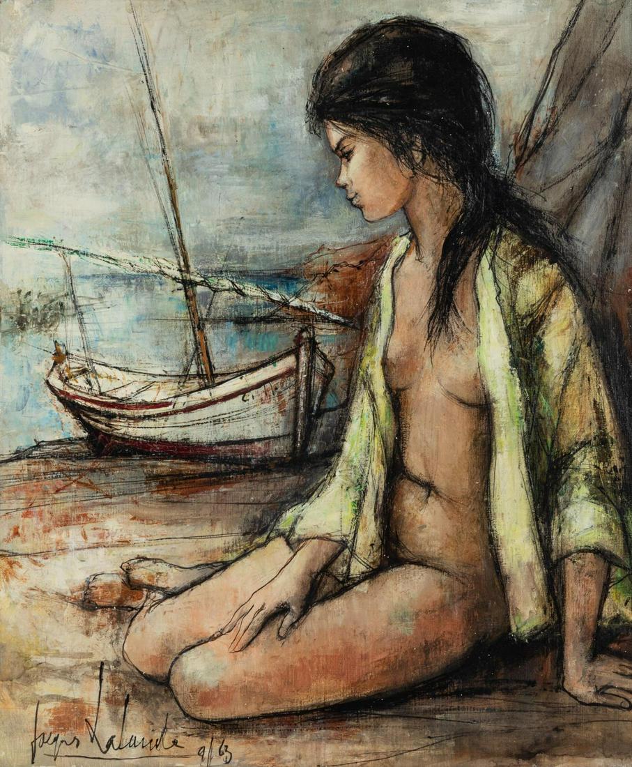 Jacques Lalande (French, b. 1921) Untitled (Nude on a: Jacques Lalande (French, b. 1921) Untitled (Nude on a Beach), 1963 oil on canvas signed Jacques Lalande and dated (lower left) 22 1/2 x 18 1/4 inches.