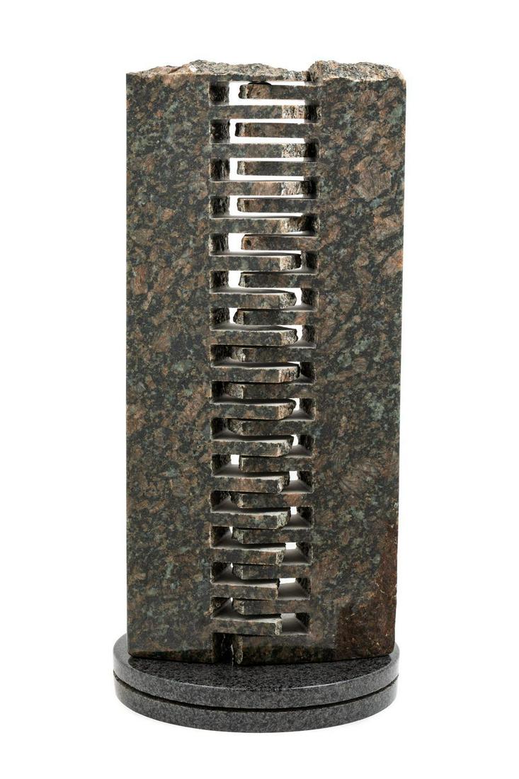 Jesus Bautista Moroles (American, 1950-2015): Jesus Bautista Moroles (American, 1950-2015) Interlocking labrador green granite on marble base 7 x 24 1/4 inches. Property from the Collection of H. Thomas Axt, New York, New York