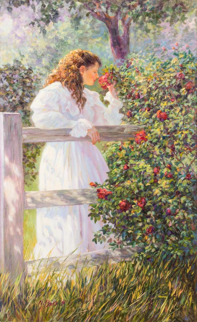 Artist Unknown (20th Century) Woman by Fence: Artist Unknown (20th Century) Woman by Fence oil on canvas, signed lower left 50 x 30 inches. Property from the Collection of Karl Zeisler, Chicago, Illinois