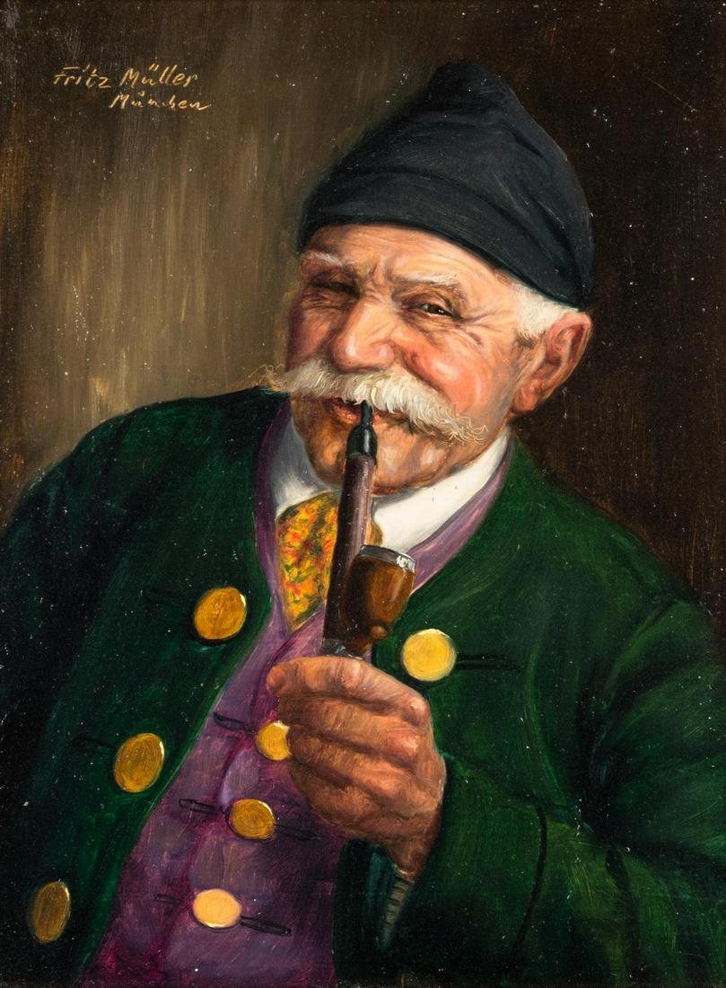 Fritz Muller (German, 1913-1972) Â Untitled (Man with: Fritz Muller (German, 1913-1972) Â Untitled (Man with Pipe) oil on board signed Fritz Muller Munchen (upper left) 9 1/2 x 7 inches.