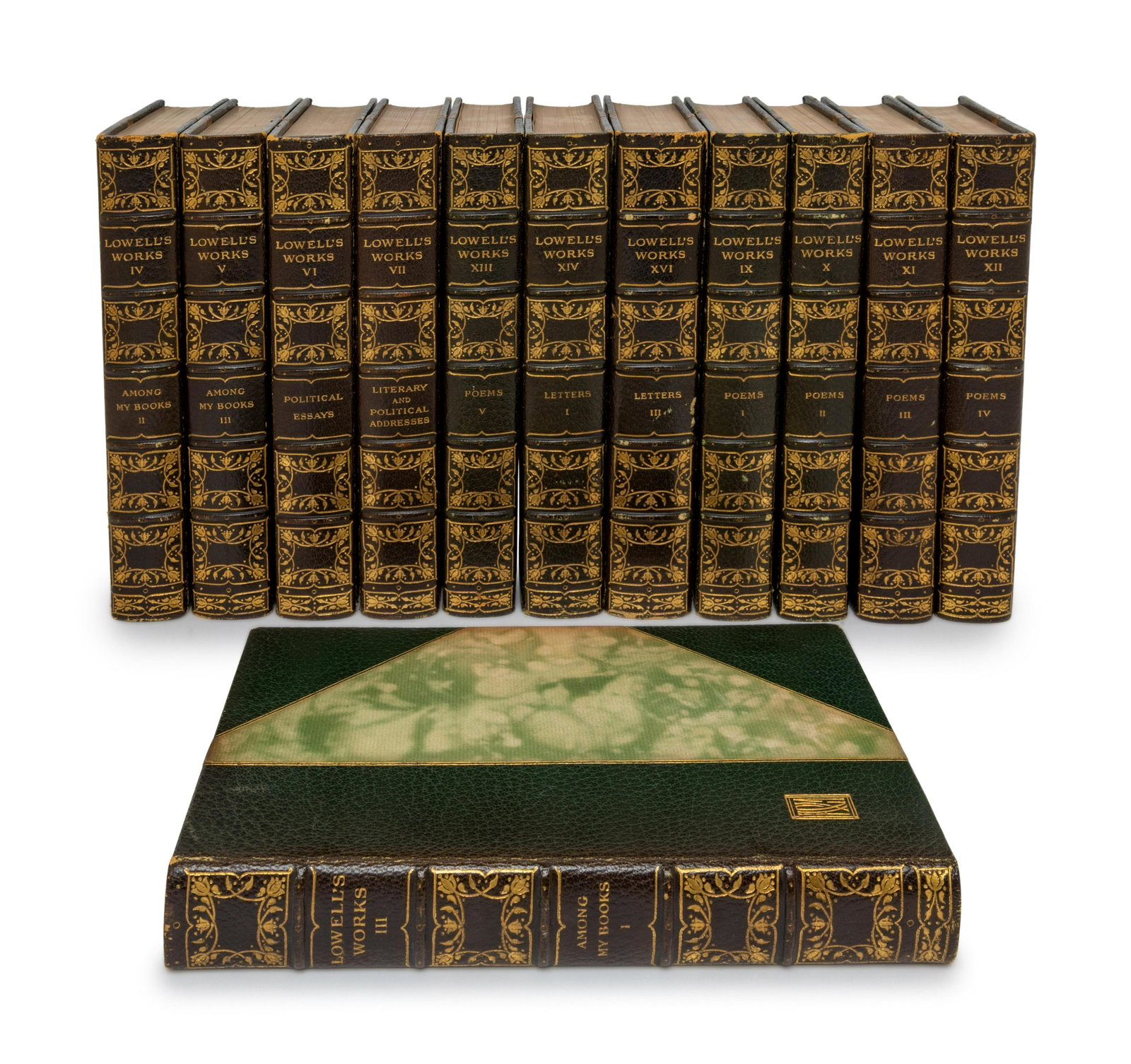 LOWELL, James Russell (1819-1891). Works. Cambridge,: LOWELL, James Russell (1819-1891). Works. Cambridge, MA: Riverside Press, 1904. 12 volumes (of 16), 8vo. Frontispiece to each volume. Half green morocco gilt, top edge gilt (slight wear to extremities