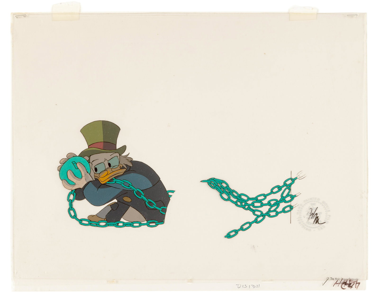 Walt Disney. Mickey's Christmas Carol. Scrooge McDuck.: Walt Disney. Mickey's Christmas Carol. Scrooge McDuck. 1983. 12 field production cel, 3 cel set up. Seal lower right initialed "WM." 12 1/2 x 16 in.
