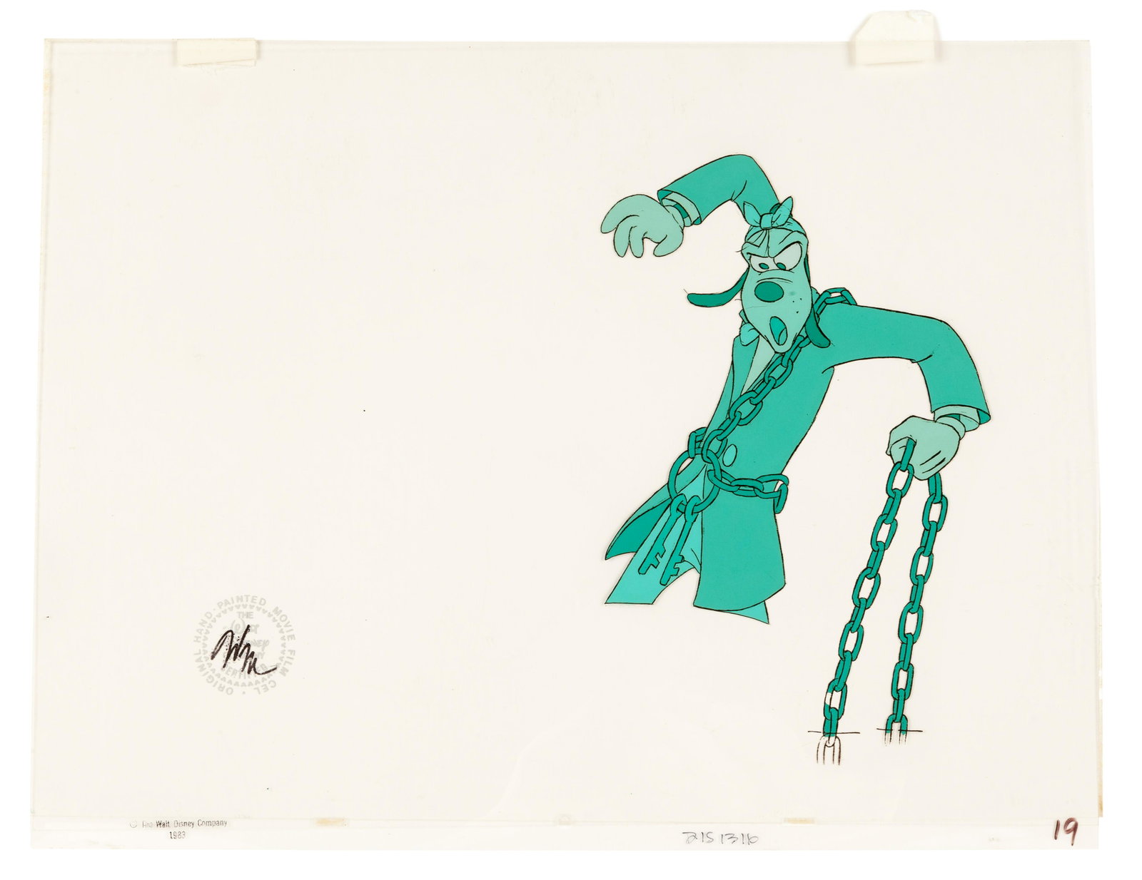 Walt Disney. Mickey's Christmas Carol. Goofy as Jacob: Walt Disney. Mickey's Christmas Carol. Goofy as Jacob Marley. 1983. 12-field production cel.Â Seal lower left initialed "WM."Â 12 1/2 x 16 inches.