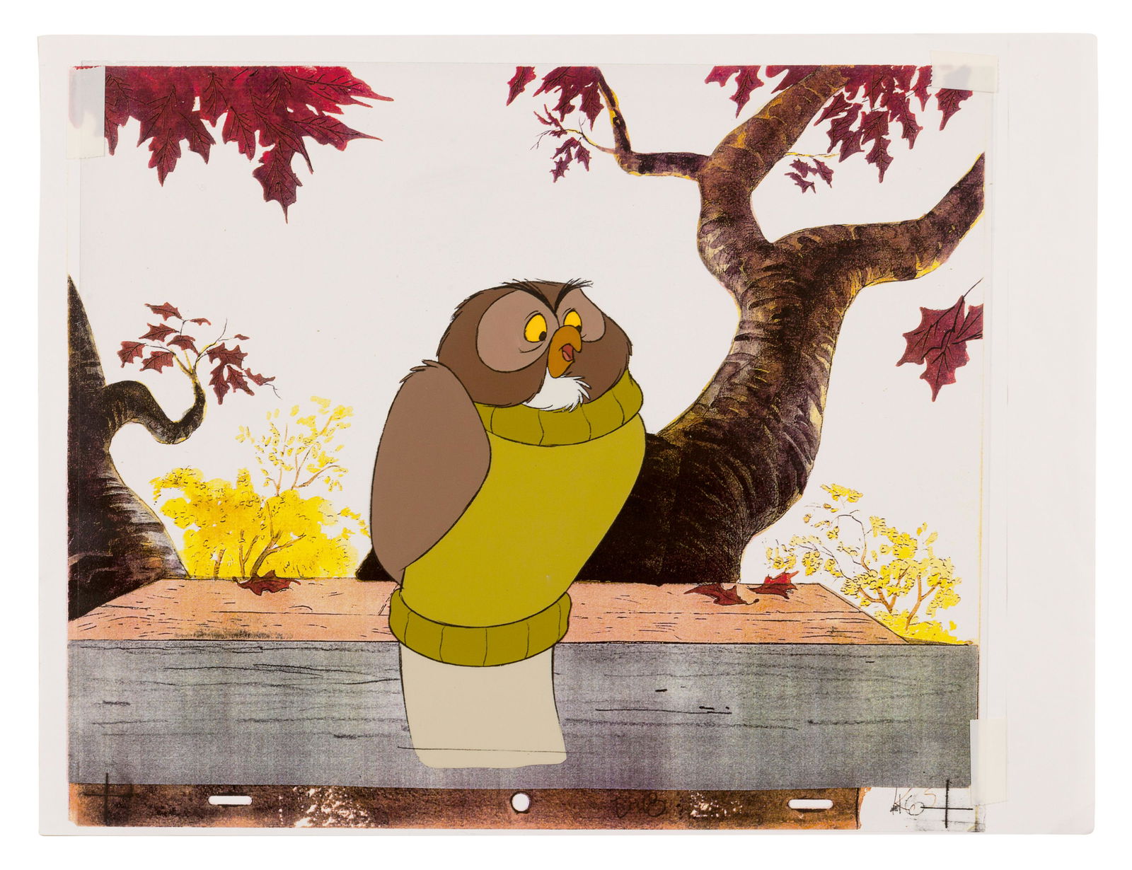 [The New Adventures of Winnie the Pooh]. Owl, ca 1990s.: [The New Adventures of Winnie the Pooh]. Owl, ca 1990s. 12-field cel, printed test background, matching pencil drawing. Annotated "D18 | 16" lower margin. 10 1/2 x 12 1/2 inches.