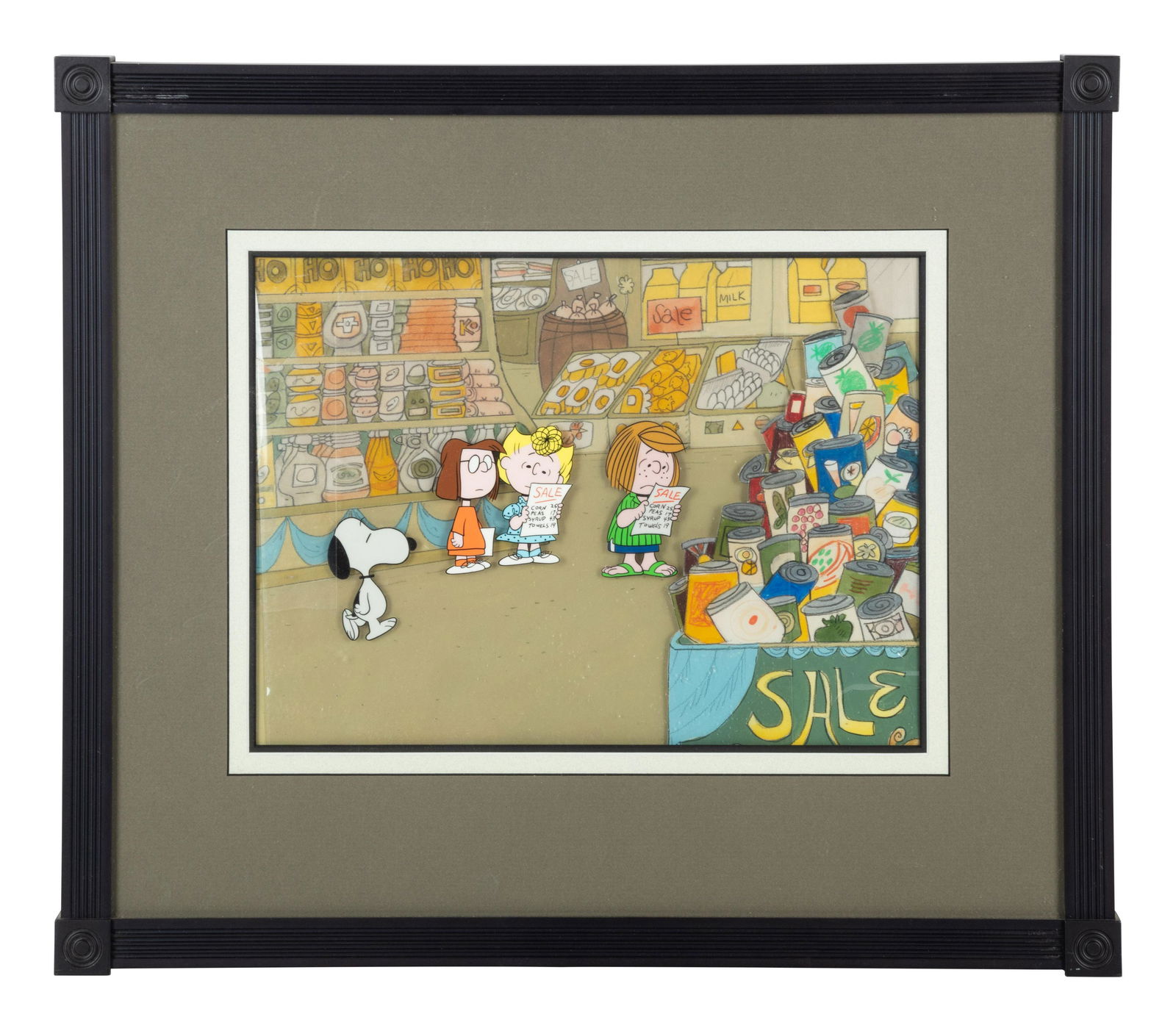Peanuts animation cel from the 1973 television special,: Peanuts animation cel from the 1973 television special, There's No Time for Love, Charlie Brown, depicting Snoopy, Marcie, Sally, and Peppermint Patty.Â Visible area 8 7/8 x 12 1/8 in., matted and