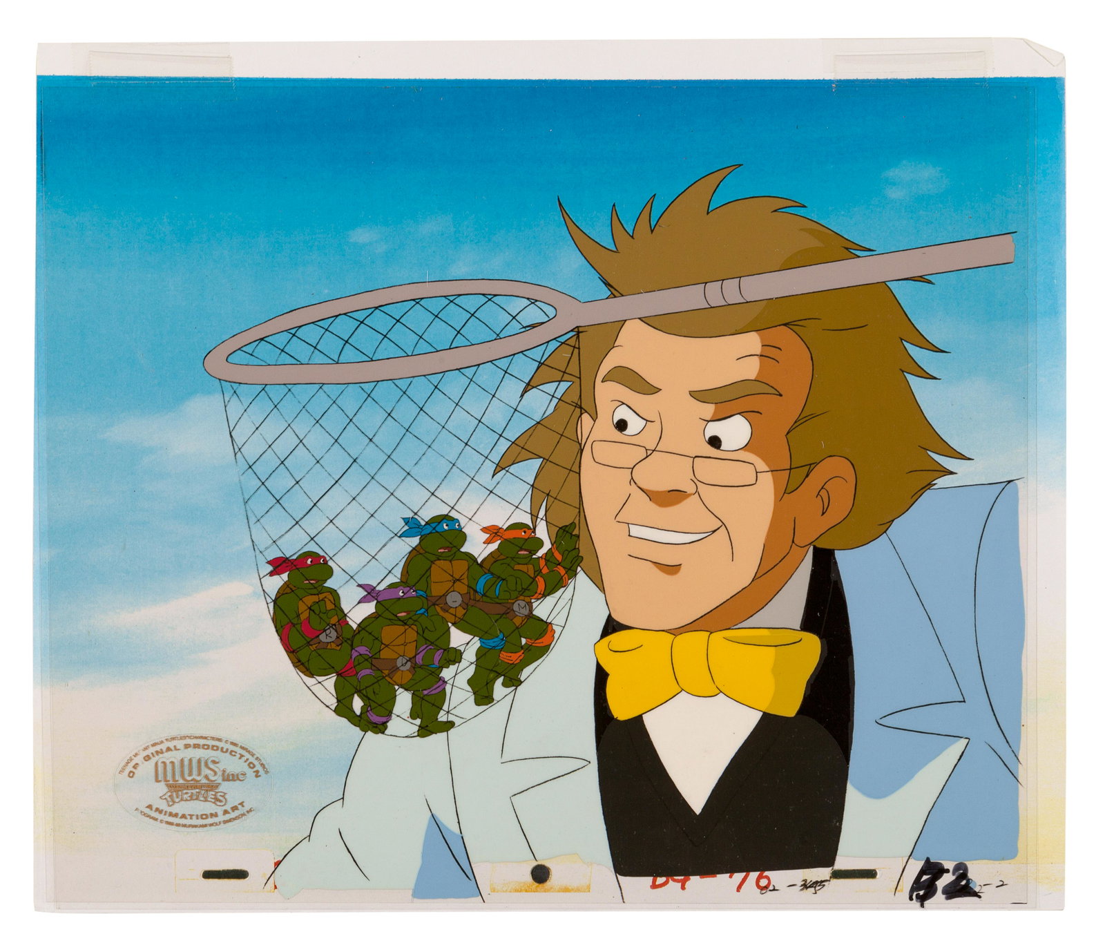 Teenage Mutant Ninja Turtles. Donatello, Raphael,: Teenage Mutant Ninja Turtles. Donatello, Raphael, Leonardo & Michaelangelo, ca 1980s. 12-field production cel, printed test background. Seal lower left.Â 10 1/2 x 12 1/2 inches.