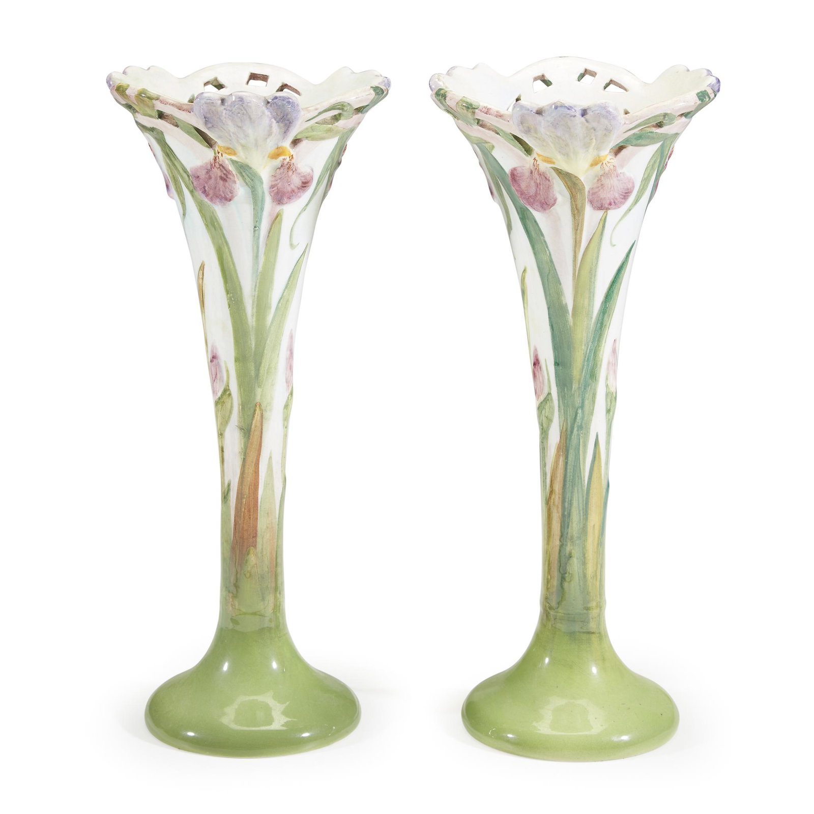 Delphin Massier (French, 1836-1907), A Pair of Majolica: Delphin Massier (French, 1836-1907)A Pair of Majolica Iris Vases, France, late 19th centurySigned: "Delphin. Massier/cie/Vallauris" H: 14 1/4 in. PROVENANCE: Private Collection, New York, NY
