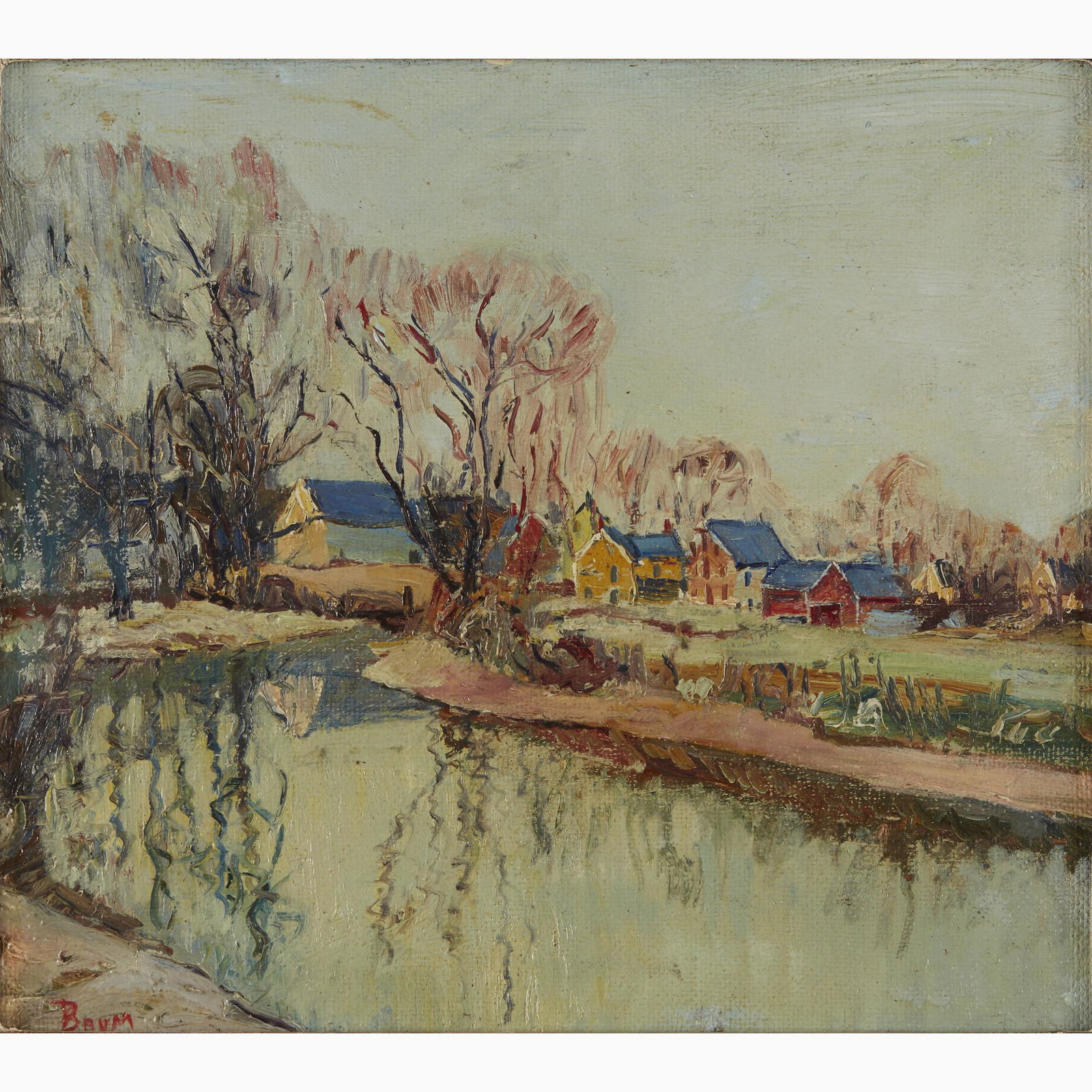 Walter Emerson Baum (American, 1884–1956), , Houses by: Walter Emerson Baum (American, 1884–1956) Houses by a River Signed bottom left, oil on canvasboard. 12 x 13 3/4 in. (30.5 x 34.9cm) PROVENANCE: The Artist. Private Collection (acquired directly from
