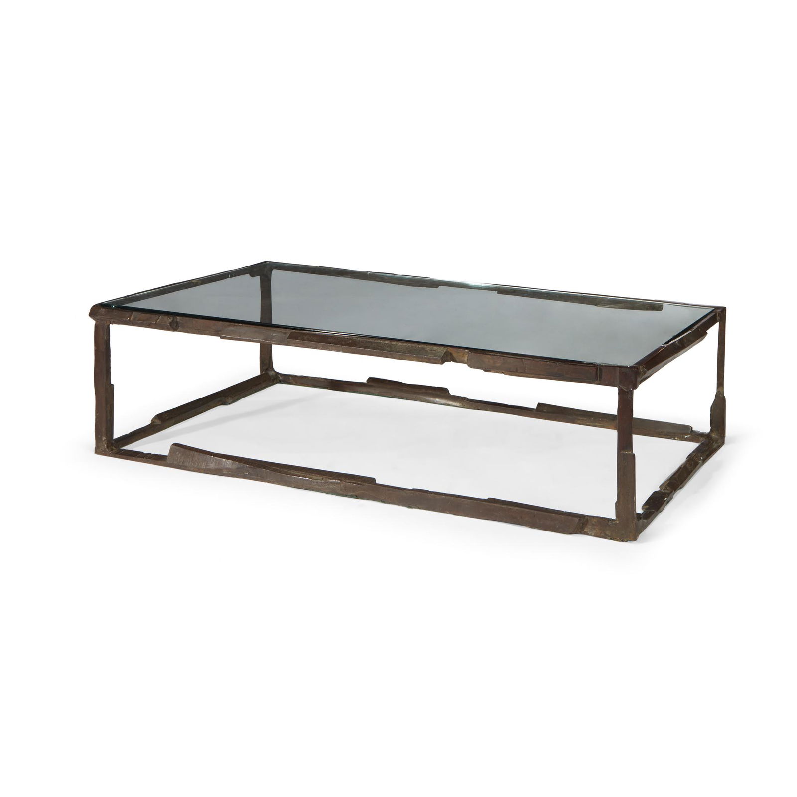 Bruno Romeda (Italian, 1933-2017), A Coffee Table,: Bruno Romeda (Italian, 1933-2017)A Coffee Table, Italy, 1985 Patinated bronze, glass. Frame with impressed signature and date: "ROMEDA 85" H:14, W: 59 1/2, D: 30 1/2 in. PROVENANCE: Private Collection