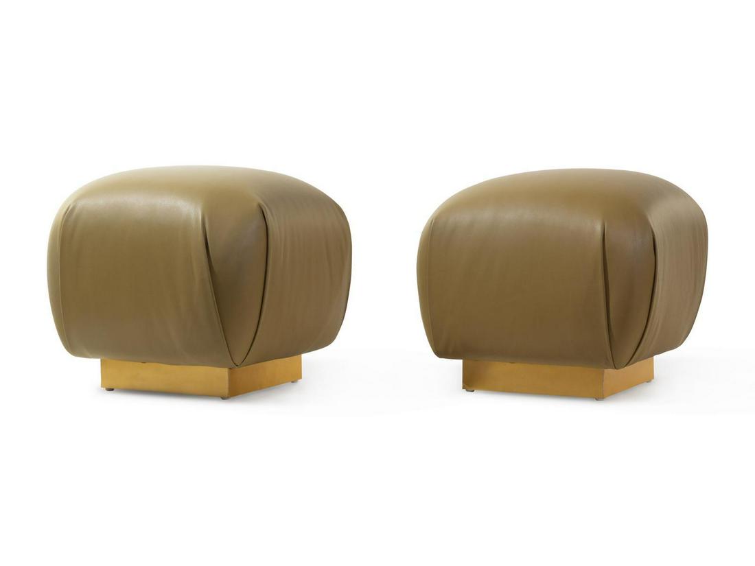 Manner of Karl Springer 20th Century Pair of Poufs: Manner of Karl Springer 20th Century Pair of Poufs leather, brass H 20 x W 21 x D 21 inches